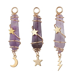 Аметист 3 шт. 3 стили натуральный аметист заостренный медная проволока обернутая граненая пуля большие подвески, металлические подвески в виде луны, звезды, молнии, золотые, 49~51x10~10.5x11~12 мм, отверстие : 3.5 мм, 1 шт / стиль