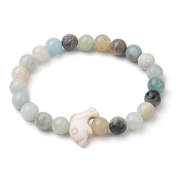 Flower Amazonite Synthetic Turquoise Dolphin Beads with Natural Flower Amazonite Beaded Stretch Bracelets, 1/4 inch(0.8cm), Inner Diameter: 2-1/8 inch(5.25cm)