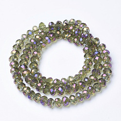 Olive Electroplate Transparent Glass Beads Strands, Full Rainbow Plated, Faceted, Rondelle, Olive, 3x2mm, Hole: 0.8mm, about 150~155pcs/strand, 15~16 inch(38~40cm)