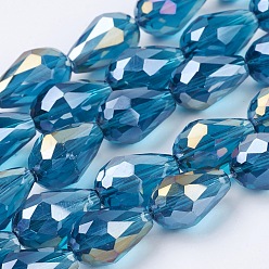 Deep Sky Blue Electroplate Glass Beads Strands, AB Color Plated, Faceted Teardrop, Deep Sky Blue, 15x10mm, Hole: 1mm, 50pcs/strand, 27.1 inch