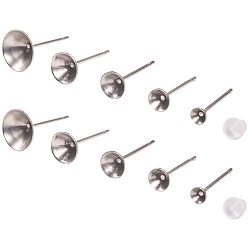 Stainless Steel Color 304 Stainless Steel Flat Round Blank Peg Stud Earring Settings, with Plastic Ear Nuts, Stainless Steel Color, 74x73x25mm, Stud Earring Setting: 250pcs/box