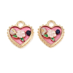 Ярко-Розовый Латунная эмаль и натуральное жемчужное сердце с подвесками в виде цветка розы, реальный 18 k позолоченный, ярко-розовый, 20.5x18.5x6.5 мм, отверстие : 3x3.5 мм