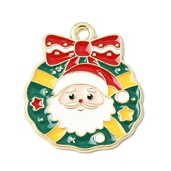 Christmas Wreath Рождественские эмали сплава подвески, золотые, рождественский венок подвески, 24x21x1 мм, отверстие : 1.8 мм