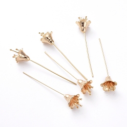 Real 18K Gold Plated Brass Flower Shape Head Pins, Real 18K Gold Plated, 56.2x11.5mm, Pin: 0.8mm