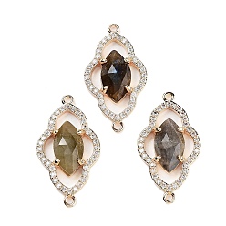 Лабрадорита Подвески с граненым соединителем из натурального лабрадорита, звенья в виде цветов из латуни с микропаве и прозрачным фианитом, золотые, 27.5x15x4 мм, отверстие : 1.2 мм