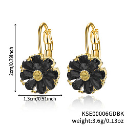 Черный Серьги-кольца из латуни с цветком, с кубического циркония, золотые, чёрные, 20x13 мм