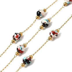 Разноцветный 304 из нержавеющей стальной шарик цепочки, с фарфором, пайки, с катушкой, реальный 18 k позолоченный, красочный, 2.5x1x0.3 мм
