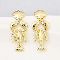 Креветка Латунь болтаться серьги, без кадмия и без свинца, реальный 18 k позолоченный, стойки покрытие, долговечный, морская тема, креветка, 35.5x14.5 мм