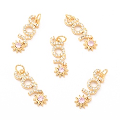 Настоящее золото 18K Экологически чистые латунные подвески из кубического циркония и стекла с микропаве, долговечный, без свинца, без кадмии и без никеля, реальный 18 k позолоченный, 21.5x7x2.5 мм, отверстие : 3 мм