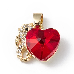 Red Real 18K Gold Plated Rack Plating Brass Micro Pave Cubic Zirconia Pendants, with Glass, Long-Lasting Plated, Cadmium Free & Lead Free, Sea Horse with Heart, Red, 16.5x15.5x8mm, Hole: 5x3mm