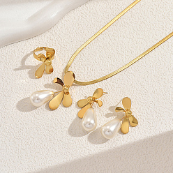 Золотой Элегантные комплекты из нержавеющей стали с серьгами-бантиками, ожерельями и кольцами для женщин, с каплевидной имитацией жемчуга, золотые, ожерелья: 17.32 дюйм (44 см)