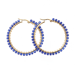 Saphir 304 Edelstahl-Creolen, mit Messingrhinestoneschalenkette, Ringform, golden, Saphir, 48~49x50x3 mm, Stift: 0.5x1 mm