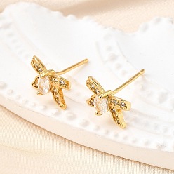 Настоящее золото 18K Серьги-гвоздики из латуни с микро-паве и бантом из прозрачного кубического циркония, без свинца и без кадмия, стойки покрытие, долговечный, реальный 18 k позолоченный, 7x10 мм