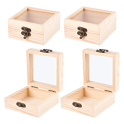 BurlyWood Wooden Box, Flip Cover Box, with Iron Lock Clasps & Glass Visual Window, Rectangle, BurlyWood, 4x3-1/2x1-3/4 inch(10x9x4.5cm)