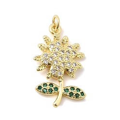Зеленый Латунные микро проложить кубического циркония подвески, без кадмия и без свинца, долговечный, стойки покрытие, прелести подсолнуха, реальный 18 k позолоченный, зелёные, 25.5x16x3 мм, отверстие : 3.3 мм