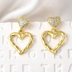 Настоящее золото 18K Полые латунные серьги-гвоздики с микропаве из прозрачных кубических цирконий, без кадмия и без свинца, долговечный, стойки покрытие, реальный 18 k позолоченный, 30x18.5 мм