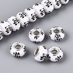 Панда Непрозрачная смола европейский бисер, RONDELLE большие шарики отверстия, с латунными сердечниками с серебряным покрытием, чёрные, панда, 13.5~14x9 мм, отверстие : 5 мм