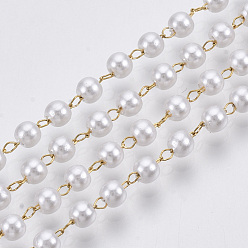 Golden Handmade ABS Plastic Imitation Pearl Beaded Chains, Soldered, with 304 Stainless Steel Chain and Spool, Creamy White, Golden, Link: 2.5x1.5x0.3mm, about 65.61 Feet(20m)/roll