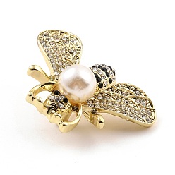 Jet Bee Alloy Brooch with Resin Pearl, Exquisite Rhinestone Insect Lapel Pin for Girl Women, Golden, Jet, 29x40x12.5mm, Pin: 0.8mm