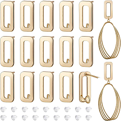 Настоящее золото 18K 16шт. латунные прямоугольные серьги-гвоздики, с вертикальными петлями и пластиковыми ушными гайками 40шт., реальный 18 k позолоченный, 15.5x7 мм, отверстие : 2.5 мм, штифты : 0.8 мм