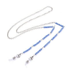 Cornflower Blue Eyeglasses Chains, Neck Strap for Eyeglasses, with Brass Rolo Chains, Glass Seed Beads, 304 Stainless Steel Lobster Claw Clasps and Rubber Loop Ends, Cornflower Blue, 31.29 inch(79.5cm)