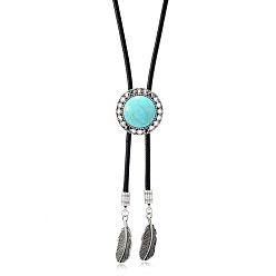 Цветок Галстук-боло из сплава с подвеской из синтетической бирюзы, ожерелье-лариата из вощеного шнура, античное серебро, чёрные, цветок, 17.72~31.5 дюйм (45~80 см), Кулон : длиной 38 мм 