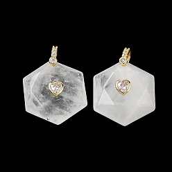 Quartz Crystal Natural Quartz Crystal Faceted Pendants, Rock Crystal Hexagon Charms with Brass Pave Heart Clear Cubic Zirconia Findings, Golden, 38x28.5x13mm, Hole: 5.5x4.5mm