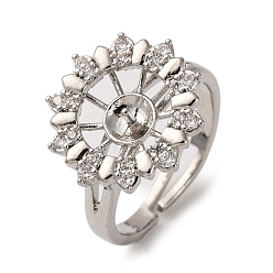 Платина Оправы для колец-манжет из цветочной латуни с микропаве из прозрачного кубического циркония, за половину пробурено бисера, без кадмия и без свинца, платина, лоток : 9.5 мм, штифты : 1 мм, внутренний диаметр: 19 мм