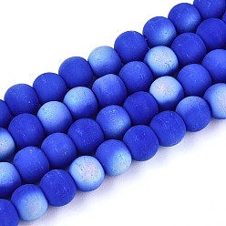 Синий Матовые непрозрачные стеклянные бусы пряди, круглые, с половиным покрытием, с покрытием AB цвета, синие, 6~6.5 мм, отверстие : 0.9 мм, около 67~70 шт / нитка, 14.57~15.16 дюйм (37~37.5 см)