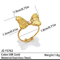 Golden 304 Stainless Steel & Plastic Pearl Cuff Open Rings for Women, Bowknot, Golden, 18mm
