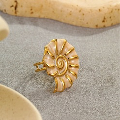 Настоящее золото 18K 304 открытые манжеты из нержавеющей стали, форма раковины, с эмалью для женщин, без кадмия, без никеля и без свинца, ионное покрытие (ip), реальный 18 k позолоченный, регулируемый, лоток : 35x29.5 мм