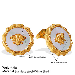 Белый 304 Серьги-гвоздики из нержавеющей стали и ракушек, с эмалью, плоский круглый с пчелами, реальный 18 k позолоченный, белые, 12~15.4 мм