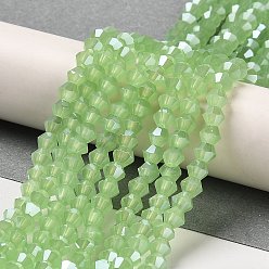 Green Imitation Jade Electroplate Glass Beads Strands, Pearl Luster Plated, Faceted, Bicone, Green, 4x4mm, Hole: 0.8mm, about 87~98pcs/strand, 12.76~14.61 inch(32.4~37.1cm)