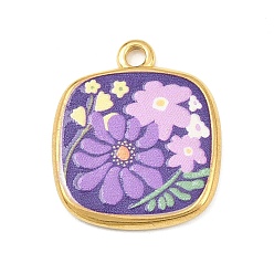 Средний Фиолетовый Печатные 304 подвески из нержавеющей стали, квадратные с цветком, вакуумное покрытие pvd, реальный 18 k позолоченный, средне фиолетовый, 21x18x2 мм, отверстие : 1.8 мм