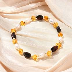 Rectangle Эластичные браслеты из натурального янтаря и культивированного пресноводного жемчуга для женщин., с латунным, реальный 14 k позолоченный, прямоугольник и самородки, внутренний диаметр: 2.28 дюйм (5.8 см)