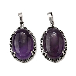 Аметист Подвески из натурального аметиста , латунные овальные подвески, античное серебро, 33.5~34x21x10 мм, отверстие : 8x5 мм