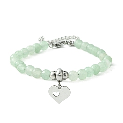 Зеленый Авантюрин Природные зеленые браслеты авантюрин бисером, сердце 304 браслеты-подвески из нержавеющей стали для женщин, 7 дюйм (17.8 см)