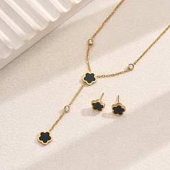 Золотой 201 комплект из ожерелья-лариата со стразами из нержавеющей стали и серег-гвоздиков, комплекты украшений из ракушек и цветов для женщин, золотые