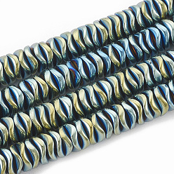 Зеленое Покрытие Гальванизировать немагнитных синтетический гематит бисер пряди, волнистый, Плоский круглый / диск, зеленый покрытием, 6~6.5x6~6.5x1.5~2 мм, отверстие : 1 мм, около 215 шт / нитка, 16.14 дюйм