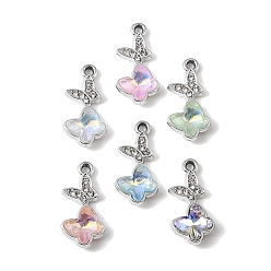 Platinum UV Plating Alloy Glass Pendants, Butterfly Charm, with Rhinestone, Faceted, Mixed Color, Platinum, 22.5x11x6mm, Hole: 1.6mm