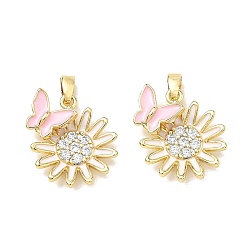 Pink Латунные микропаве прозрачные подвески с фианитом, с эмалью, Подвески в виде цветка с бабочкой, реальный 18 k позолоченный, розовые, 20.5x15.5x4.5 мм, отверстие : 2~2.5x5 мм