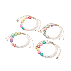 Mixed Patterns Handmade Polymer Clay & Natural Pearl Braided Bead Bracelet for Women, Mixed Patterns, Inner Diameter: 2-1/4~4 inch(5.85~10.15cm)