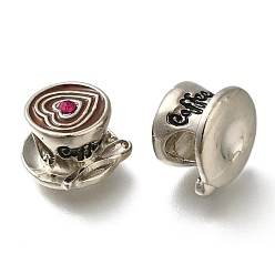 Платина Наберешь покрытие эмали сплава европейские шарики, со стразами, бусины с большим отверстием, кофейная чашка с сердцем, платина, 12.5x13x9.5 мм, отверстие : 5 мм