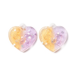 Lilac Two Tone Transparent Resin Pendants, with Glitter Powder, Heart Charm with Music Note Pattern, Gold, Lilac, 20x20x5mm, Hole: 2mm