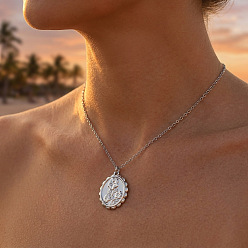 Stainless Steel Color 304 Stainless Steel Embossed Flower Oval Pendant Necklaces for Women, Tarnish Free, Stainless Steel Color, 15.75 inch(40cm)