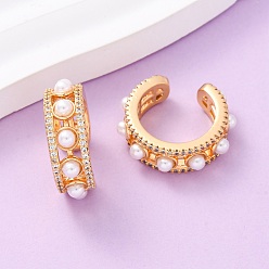 Настоящее золото 18K C-образные серьги-каффы из латуни с микропаве из прозрачных кубических цирконий, с абс пластмассовой имитационной жемчужиной, реальный 18 k позолоченный, 20.5x23x7 мм