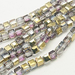 Plum Electroplate Glass Beads Strands, Half Plated, Faceted Cube, Plum, 4x4x4mm, Hole: 1mm, about 100pcs/strand, 16.9 inch