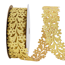 Gold Sew on Ethnic Style Embroidery Leaf with Flower Polyester Hollow Lace Ribbons, for Craft Sewing, Wedding Dress Costume Decoration, Gold, 1-3/8 inch(34.5mm)~1-3/8 inch(35mm)