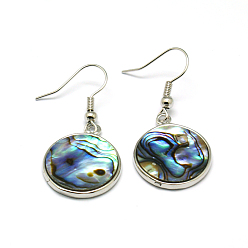 Colorful Abalone Shell/Paua ShellEarrings, Single Side, with Brass Earring Hooks, Flat Round, Colorful, 39x18x3mm