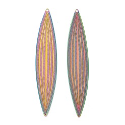 Rainbow Color 304 из нержавеющей стали большие кулоны, гравированные металлические украшения, очарование листа, Радуга цветов, 72.5x18.5x0.3 мм, отверстие : 1.4 мм